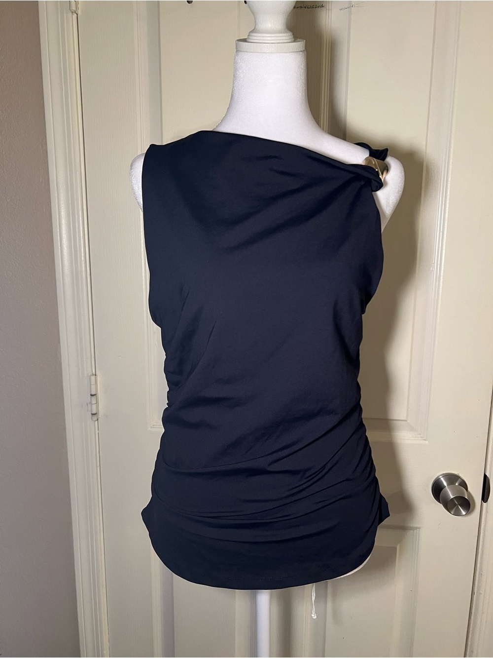 Maeve Black One-Shoulder Tank with Gold Ring Detail